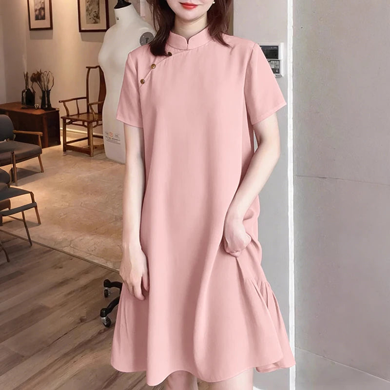 2026 ZANZEA Fashion Women Short Sleeve Shirt Dresses Stand Collar Solid Knee-Length Casual Sundress Summer Office Lady Vestidos