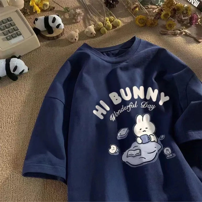 Summer Japanese Cute Tea-drinking Rabbit Printed Short-sleeved T-shirt for Ladies and Boys Same Loose Casual Large-size Top