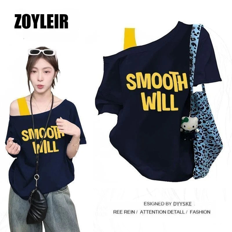 Elegant Summer One Shoulder T Shirt Women Fake Two-piece Oversize Graphic T Shirts Short Sleeve Off Shoulder Top Sport Casual