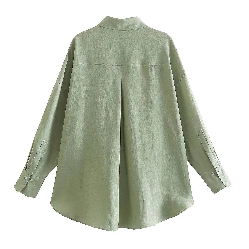 Women Fashion With Pocket Oversized Shirts Vintage Long Sleeve Button-up Female Blouses Blusas Chic Tops