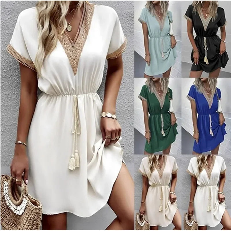 Summer Solid Short Sleeve Lace V Neck Waistband Female Beach Midi Short Dress Elegant Women's Sweet White Solid Color Dresses