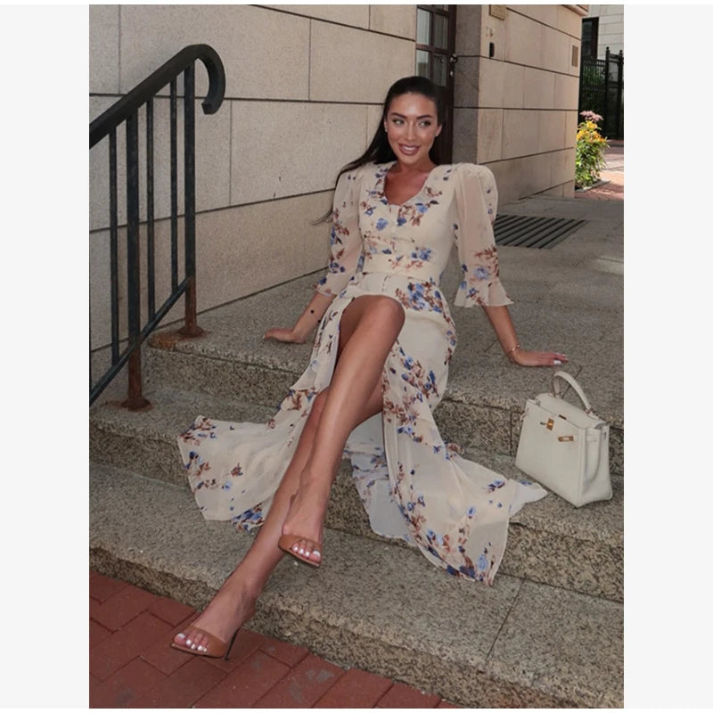 Organza Floral Printed Maxi Dress V-neck Puff Sleeve 2026 Spring/summer Romantic Women Party Gown Fashion Elegant Lady Vestido