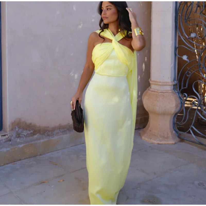 Solid Color Strapless Ribbon Women Summer Dress Sexy Sleeveless Backless High Waist Slim Maxi Vestidos 2026 Lady Vacation Outfit