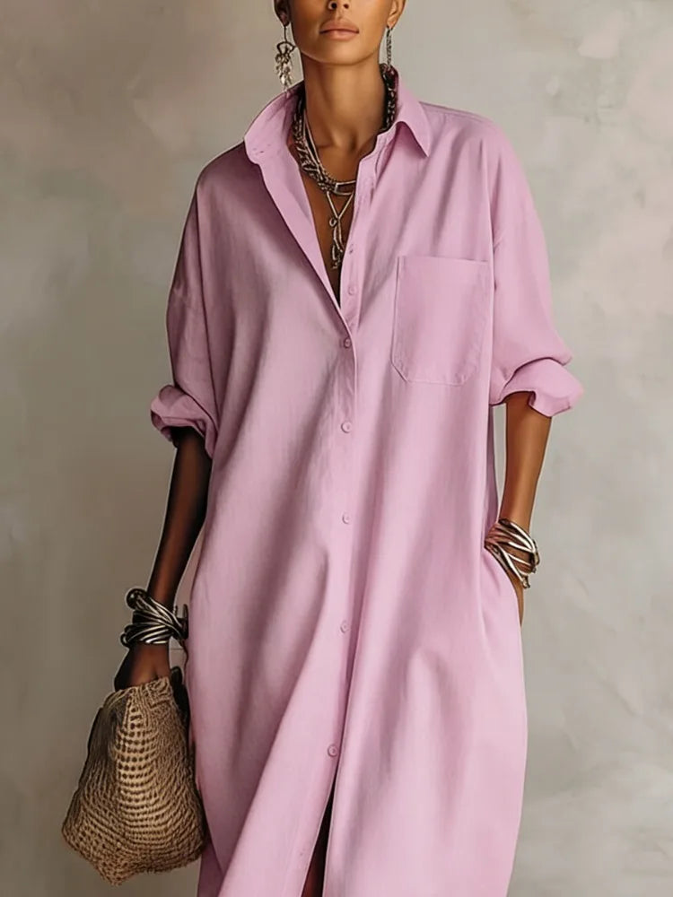 UOOZEE 2026 New Minimalist Solid Color Shirt Dress For Women Long Sleeves Loose Buttoned Pockets Casual Daily Lapel Maxi Dresses