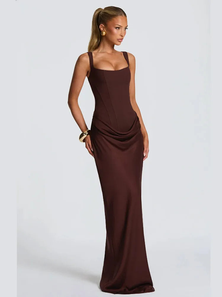 Women's Red Pleated Sling Maxi Dress Square Neck Sleeveless Off-shoulder Waist Cinching Slim Dresses Fashion Evening Party Gowns