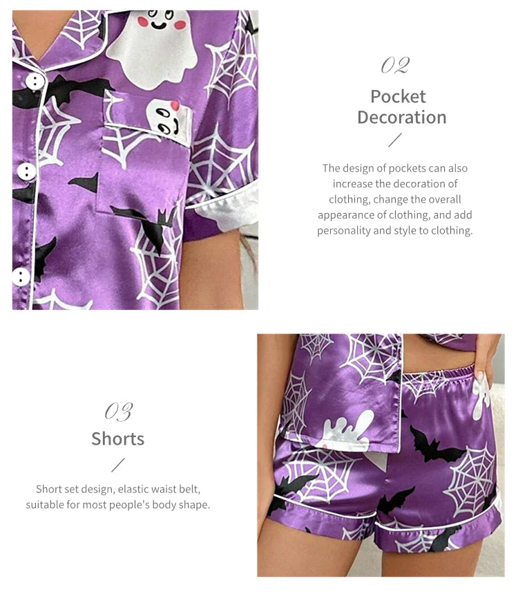 Women's Heart-shaped Print Satin Pajama Pj Set Soft & Comfortable Short Sleeve Buttons Lapel Tops & Shorts Sleepwear Loungewear