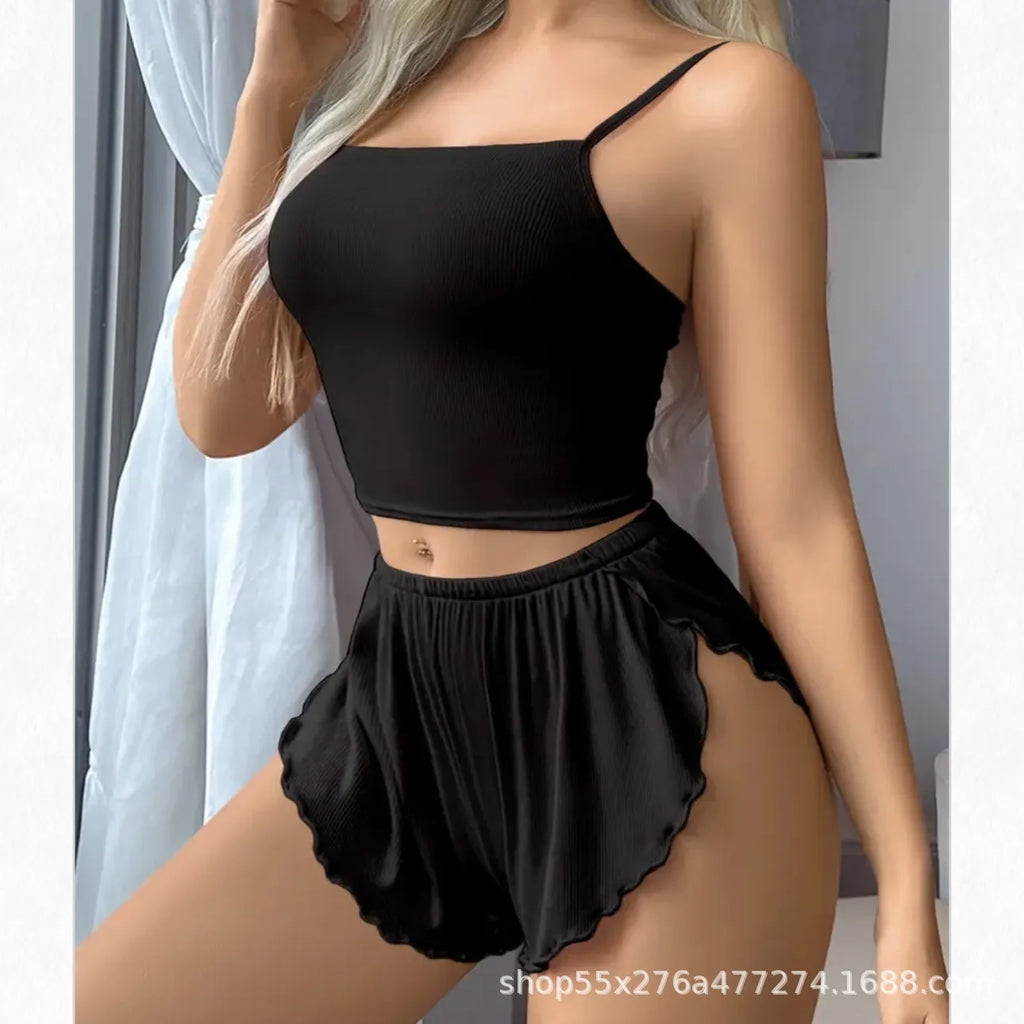 Ladies Pure Color Home Leisure Underwear Set Short Pants Top Thin Material Sleeveless Nightgown Comfortable Homewear Outfits