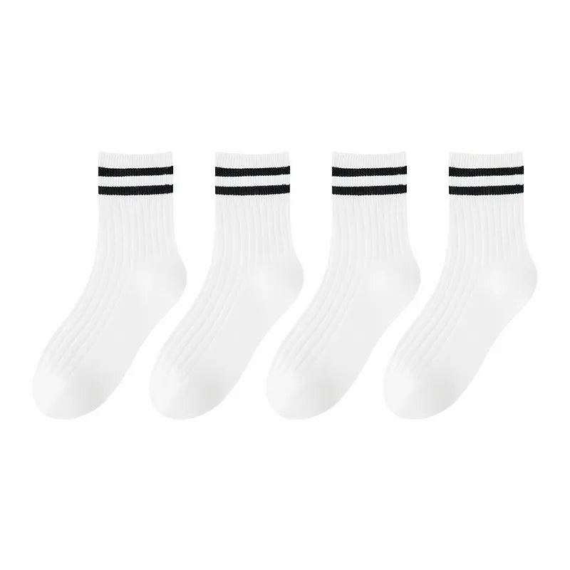 Kids Boys Girls Cotton Socks - Seamless Double Needle Ribbed 2-Stripe, Teens Students All Season School Home Sports Socks