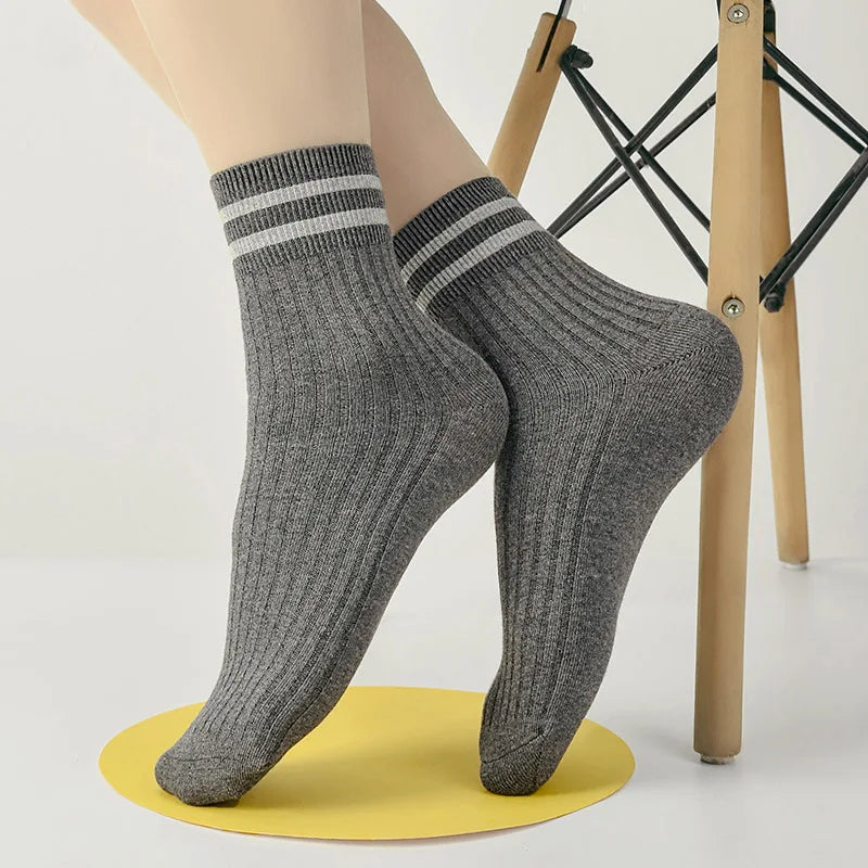 Kids Boys Girls Cotton Socks - Seamless Double Needle Ribbed 2-Stripe, Teens Students All Season School Home Sports Socks