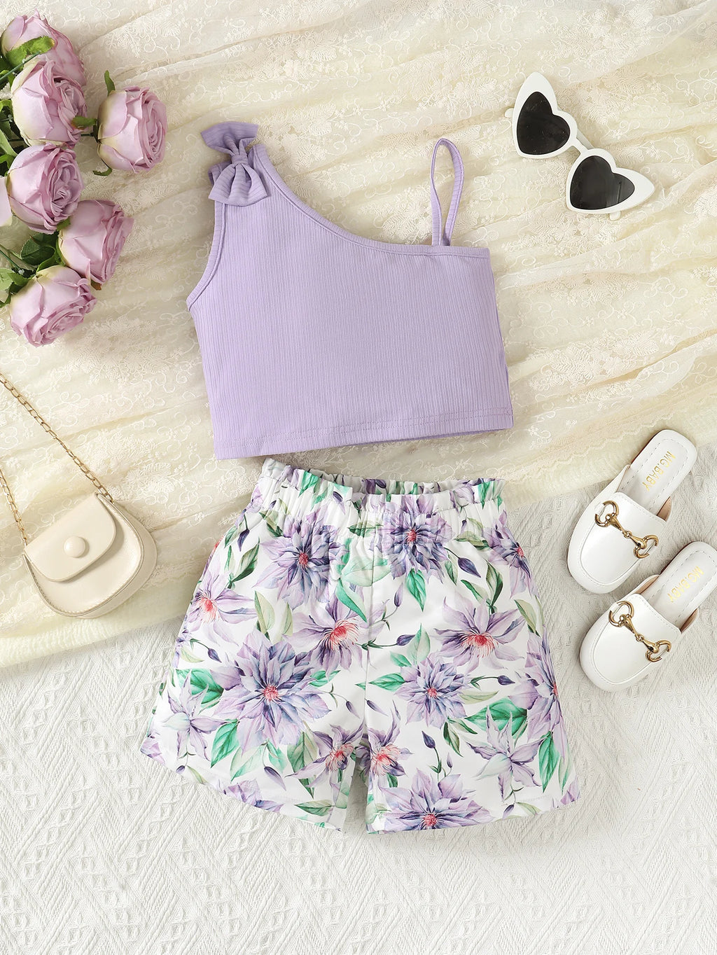 2PCS Summer Kids Girl Clothes Set Suspenders Bow Top+Flower Shorts Fashion Sense Design Party Costume For Child Girls 1-8 Years