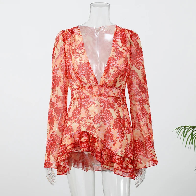 Sexy Pink Floral Print Ruffle Slim Short Dress Women Elegant V-neck Pleated Puff-sleeve Ruched Dresses Lady Party Club Robe New