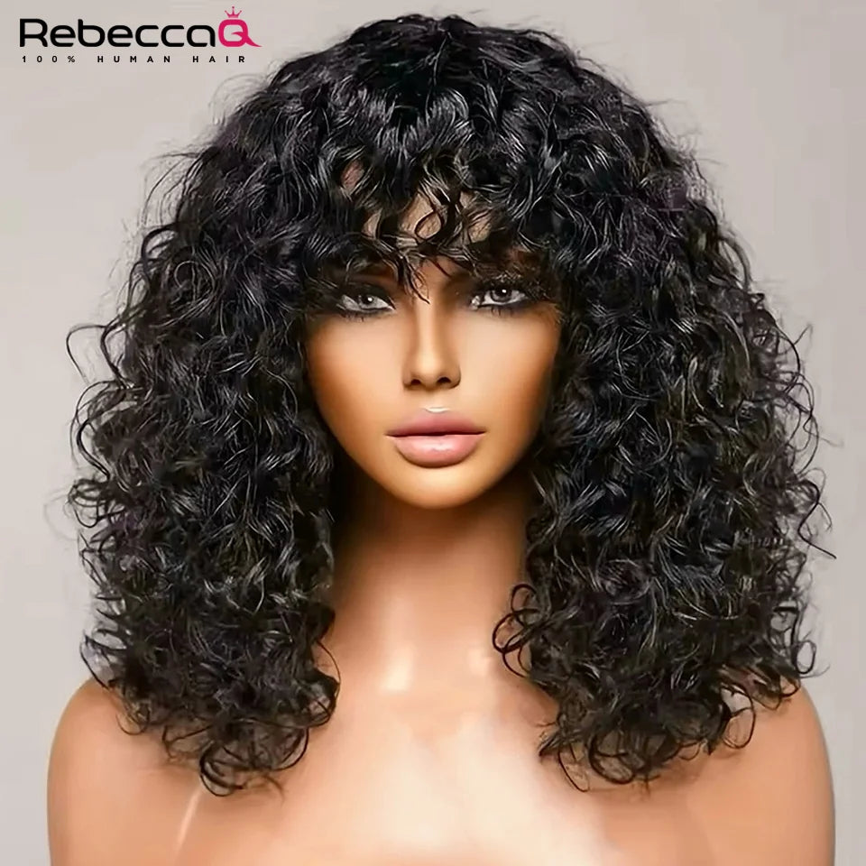 Short Curly Bob Wig With Bangs 100% Human Hair Wigs For Women Brazilian Remy 4C Hair Jerry Curl Glueless Daily Use Natural Color