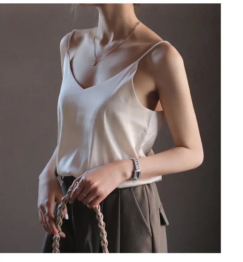 Women Halter V Neck Basic White Cami Spaghetti Strap Top Sleeveless Satin Silk 2026 Tank Tops Women'S Summer Camisole