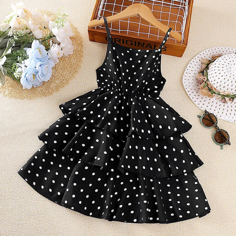 Princess Dress for Kids 4-12 Years Summer Polka Dot Cake Dress For Girls Formal Dresses Birthday Hosting Party Beach Vacation