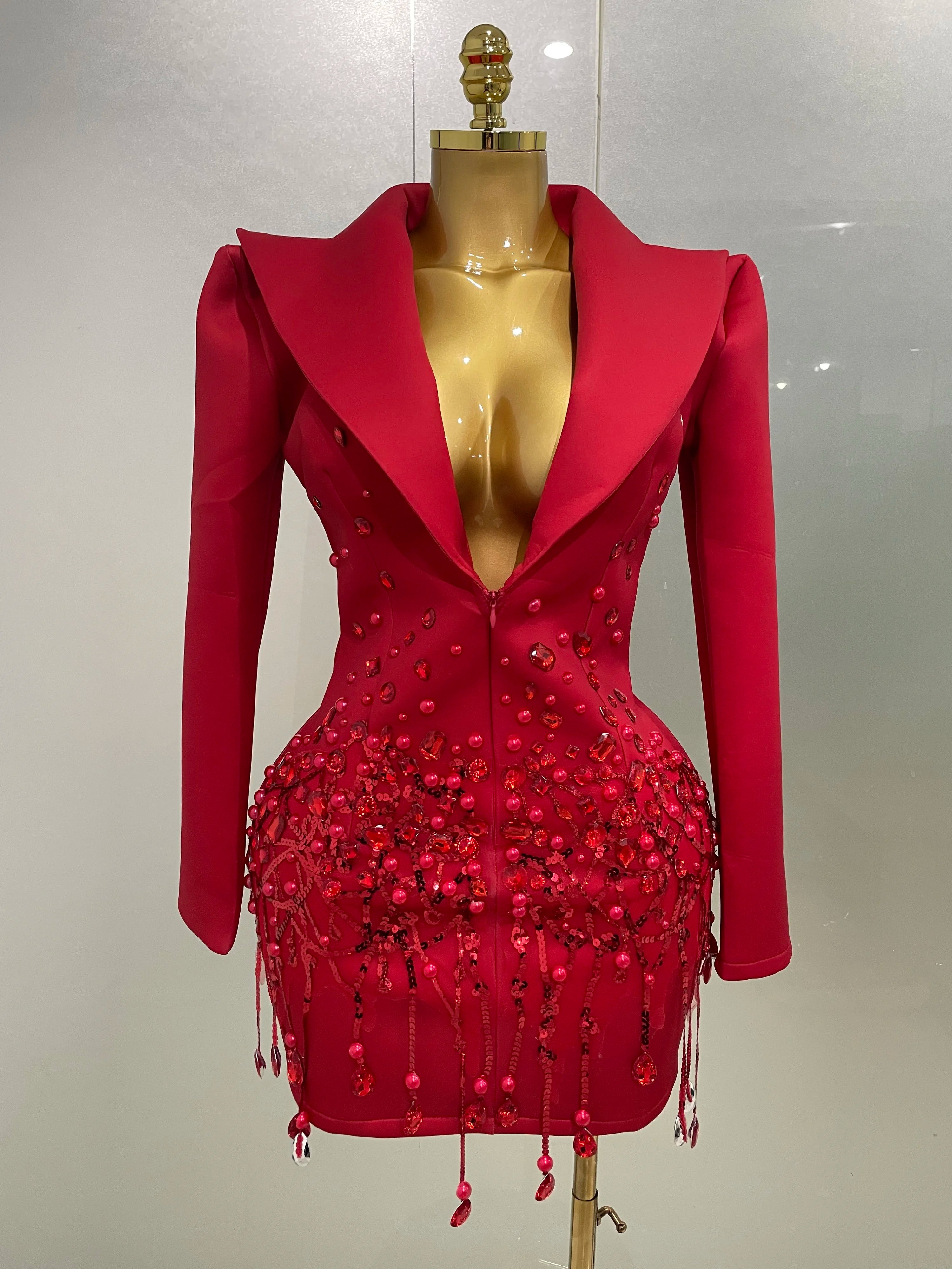 Sparkly Crystal Chains Pearls Long Sleeve Mini Dress 2025 Women Birthday Evening Party Nightclub Outfit Singer Wedding Costume
