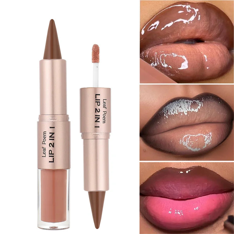 Black Brown Tapered Lip Liner Contour Pencil Double Head Mirror Plumping Lip Glaze Crystal Gloss Sexy Red Lips Tint Makeup New