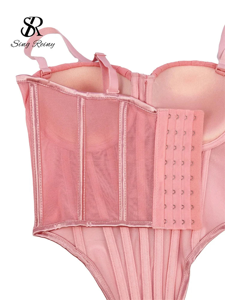 SINGREINY Fashion Solid Corset Lingerie Top Ladies Strap Sheer Mesh Slim Camisole American Retro Backless Beach Sexy Tank Top