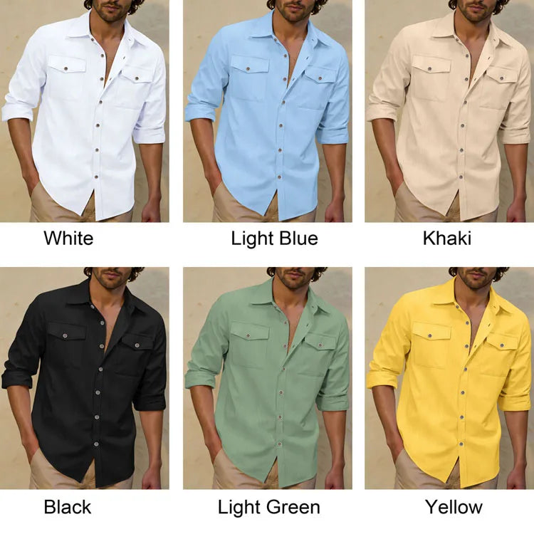 2026 New Men's Long Sleeve Casual Shirt Double Chest Pocket Button Up Shirt Soft Cotton Linen Men's Daily Work Tops