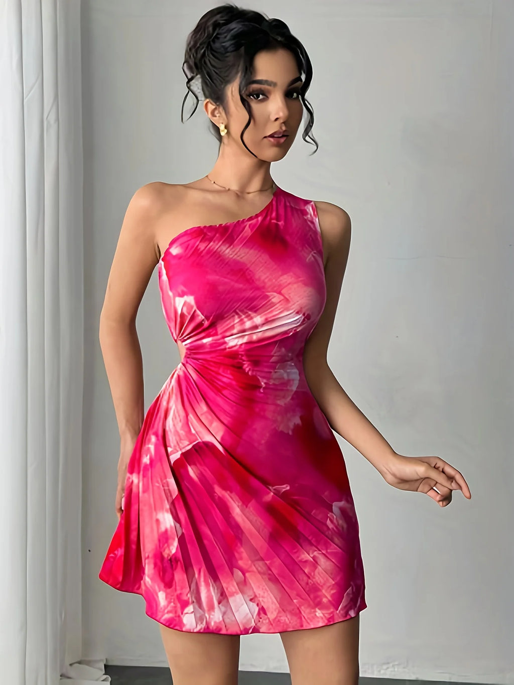 Summer Elegant Ink Print Smudge Cut-out Waist Dress Slanted Shoulder Collar Pressed Pleated Women's dresses