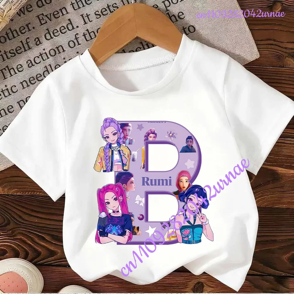 Kpop Demon Hunters Letter A-Z T-shirt Kawaii Rumy Birthday Tops Party Wear Girls Tee Summer Short Sleeve Cotton Kid Clothes