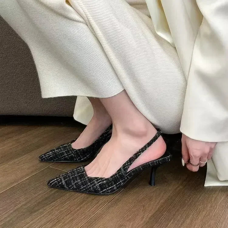Fashion brand designed knitted platform heels for women, pointed-toe party shoes, comfortable large-size summer stiletto sandals