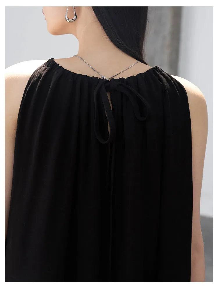 CHIC VEN Women Halter Dress A Line Solid Loose Casual Lace Up Black Sleeveless Holiday Female Long Dress Pullover Summer 2026