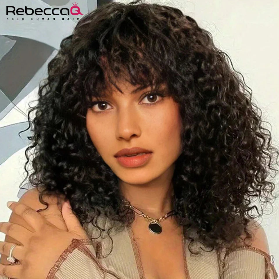 Short Curly Bob Wig With Bangs 100% Human Hair Wigs For Women Brazilian Remy 4C Hair Jerry Curl Glueless Daily Use Natural Color