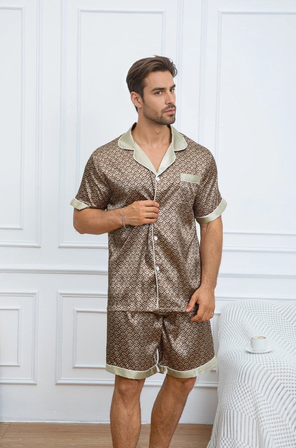 2pcs Men's Geometric Print Pajama Set Stylish Brown Short-Sleeve Shirt with Elastic Waist Shorts Comfortable Polyester Sleepwear