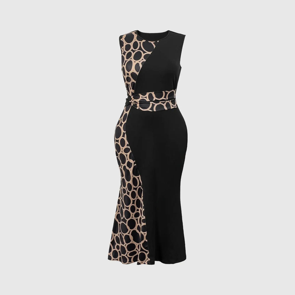 Plus Size Women's Dress Sleeveless Round Neck Color Block Print Belted Patchwork Mermaid Maxi Dress Spring Summer Party Stretch