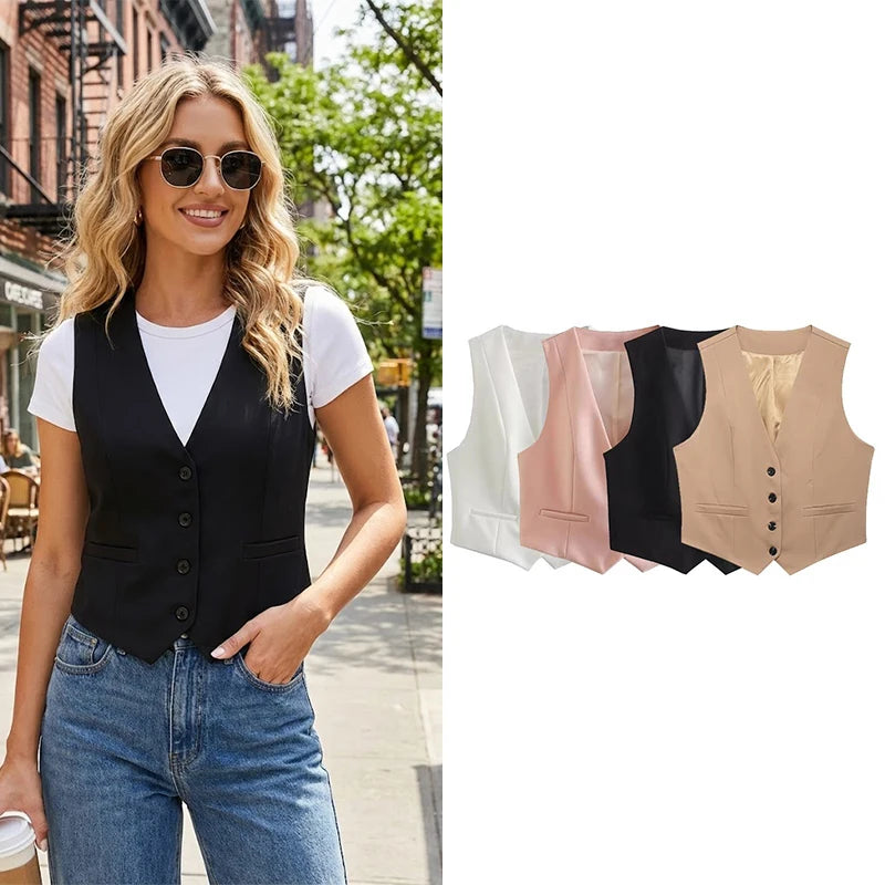 Willshela Women Fashion Solid Single Breasted Waistcoats Vest Vintage Sleeveless Jackets Female Chic Lady Tank Tops