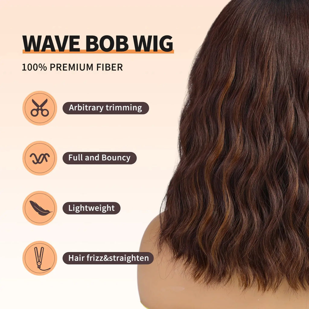 Short Brown Highlight Wigs With Bangs Natural Wavy Hair Wigs For White Women Heat Resistant Synthetic Bob Wig Shoulder Length