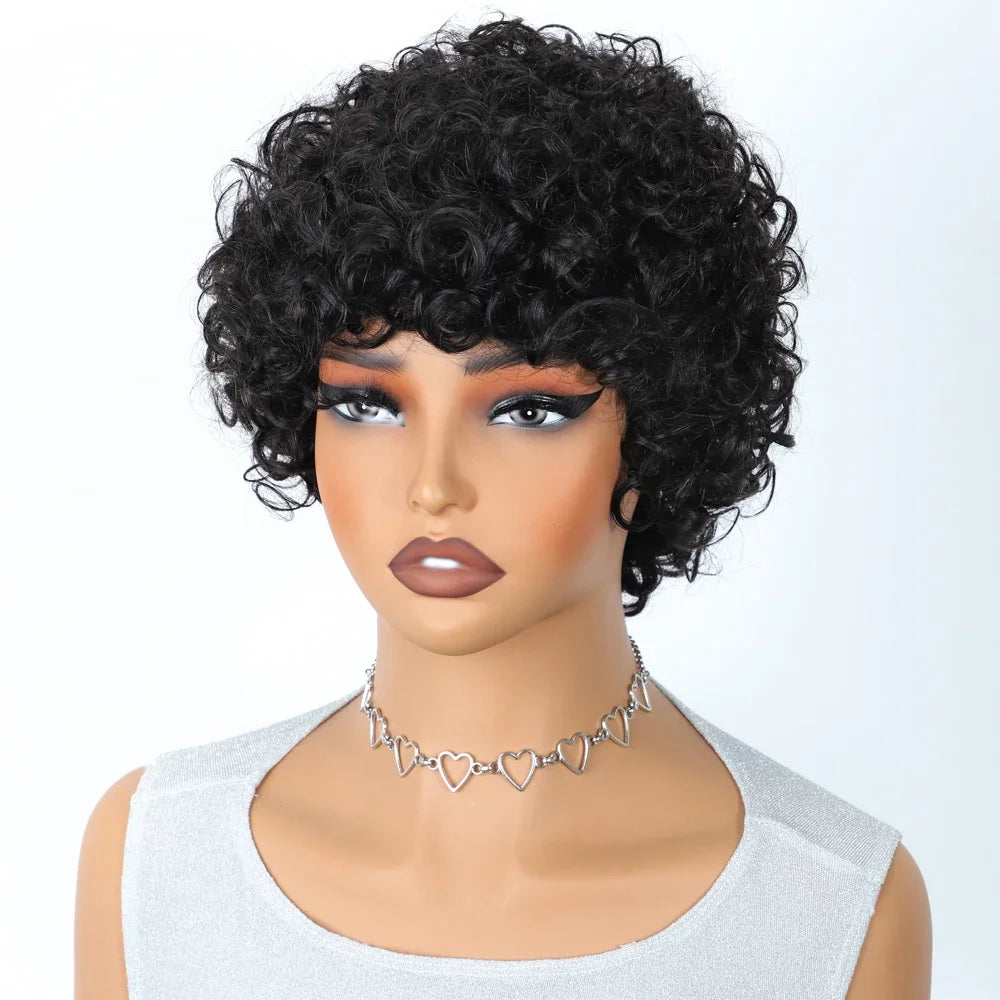 Brazilian Short Bob Pixie Afro Kinky Curly Wigs With Bangs For Black Women Natural Brown 99J Full Machine Made Human Hair Wigs