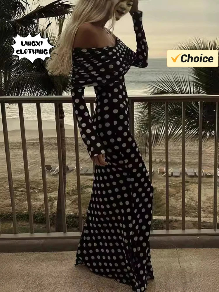 Summer Fashion Vacation Style Fashion Party Women's Long Elegant One Shoulder Wave Dot Print Slim Fit Sexy Long Retro Dresses