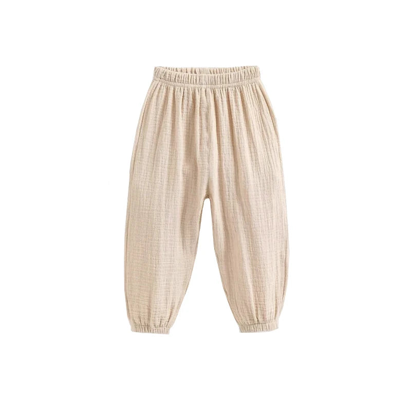 Summer Korea Children Pants Casual Girls Boys Cotton Linen Solid Color Loose Pleated Pant Trousers Girls Hight Waist Harem Pants