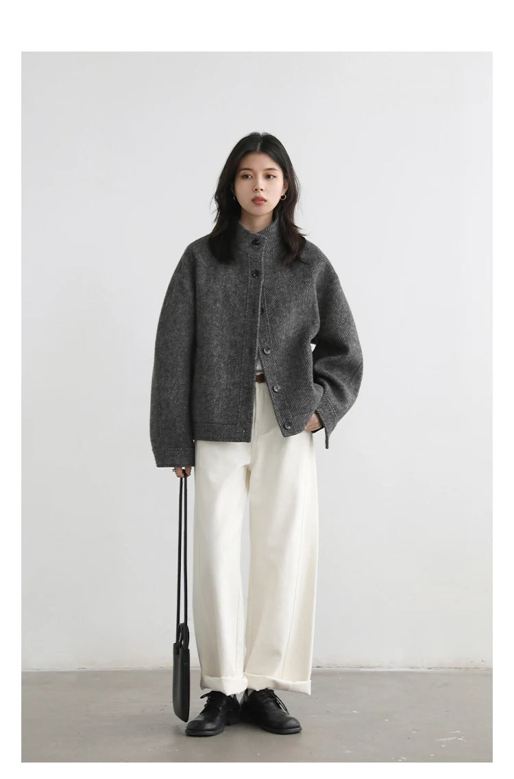 CHIC VEN Women Short Woolen Coat New Stand Up Twill Texture Single Breasted Ladies Jacket Retro Woman Outwear Autumn Winter 2025
