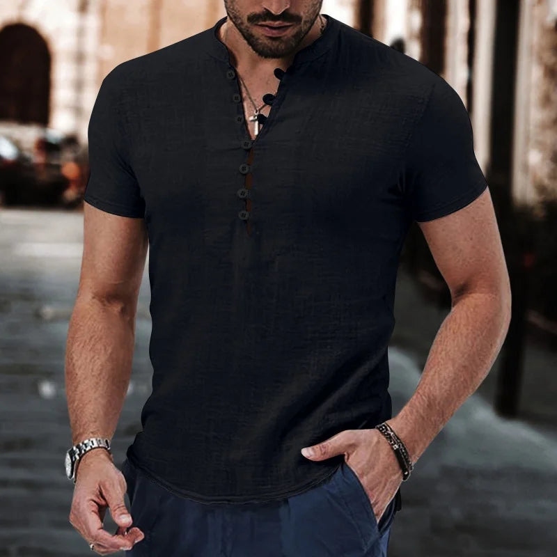Men's New Vintage Cotton Linen Henley Shirt Short Sleeve Fashion Casual Breathable Solid Color Summer Daily Tops
