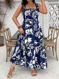 Plus Size 2025 Summer New Holiday Floral Halter Dress with Ruffle Hem and Gathered Bust Plus Size Dress Polyester