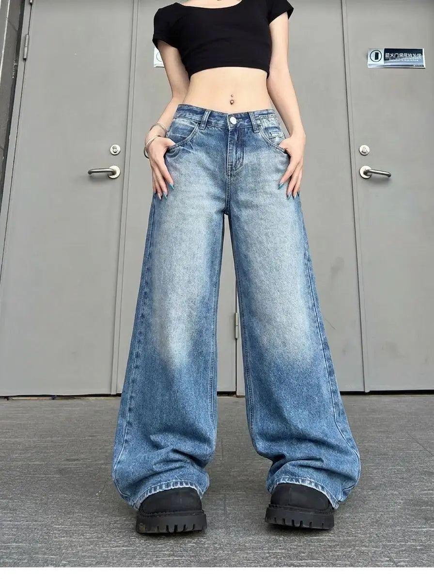 Women's Solid Color Street Style Jeans Cool Girl Bottoms Casual Wide Leg Ripped Denim Pants Female High Waist Baggy Trousers