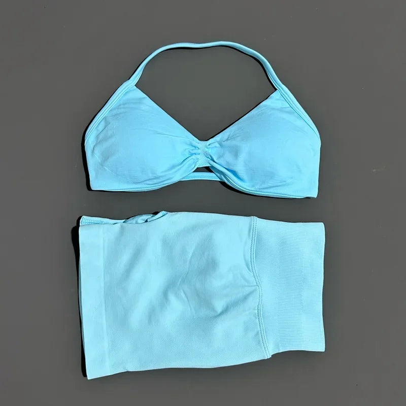 2 Piece Sport Set Women Seamless Yoga Tank Bra High Waist Scrunch Bum Gym Shorts Sets Fitness Running Workout Suit
