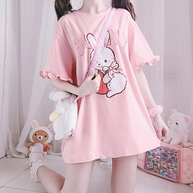 Summer Women Cute Lolita Pink T-Shirts Cartoon Strawberry Rabbit Print Tshirt Ruffles Short Sleeve Tops JK Girls Kawaii Tee Top