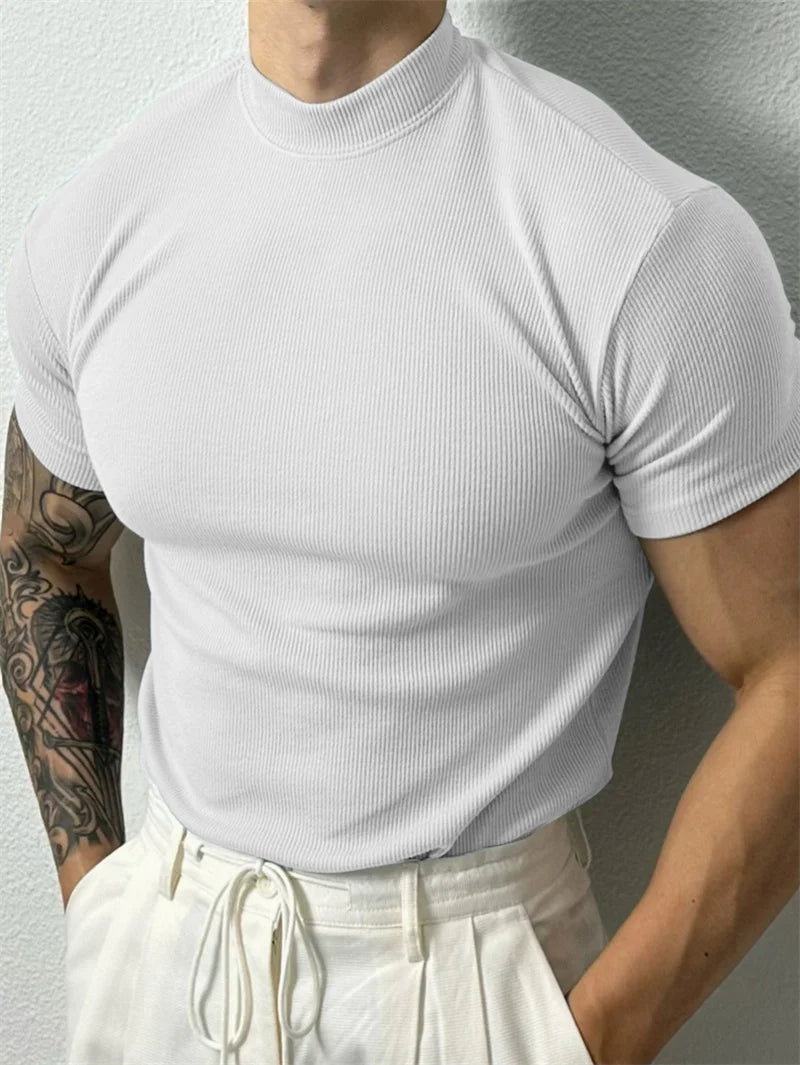 2026 New fashion Men's T-shirt Small high collar stripe shirt short sleeve fitness top leisure sport T-shirt Men sportswear