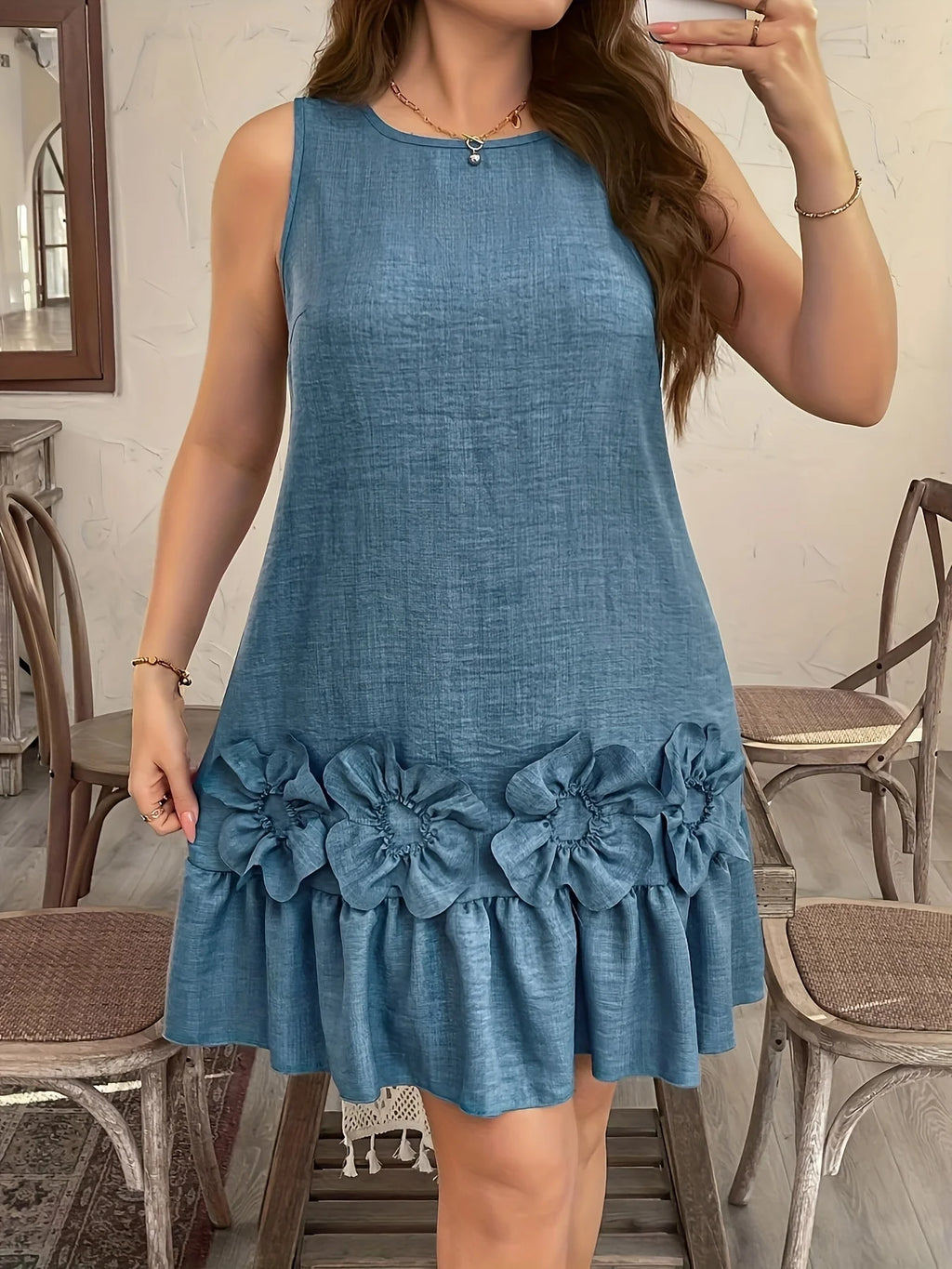 Dodge Blue Embossed Floral Dress Sleeveless Applique Midi an  Elegant Resort Wear