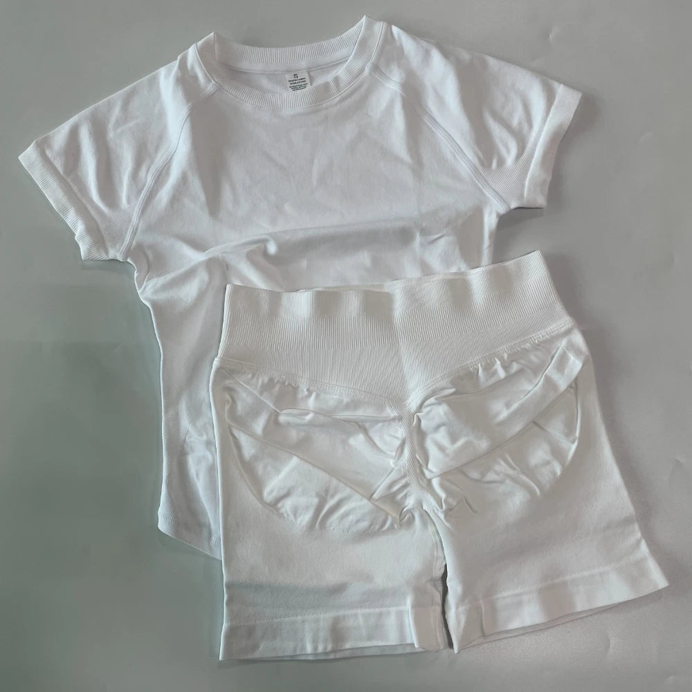 2 Piece Sets Women Outfit Longline Short Sleeve Gym Crop Top High Waist Workout Shorts Sports Suit Fitness Clothes Yoga Set