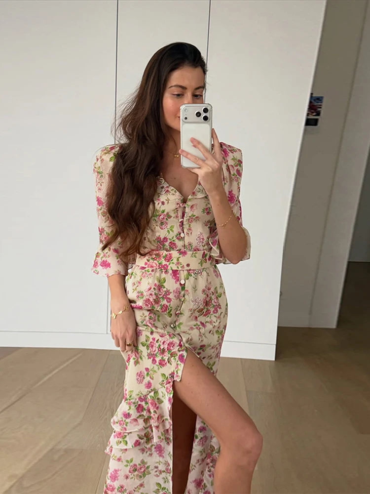 Organza Floral Printed Maxi Dress V-neck Puff Sleeve 2026 Spring/summer Romantic Women Party Gown Fashion Elegant Lady Vestido