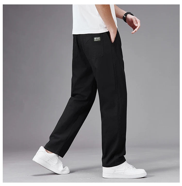 Big Size Casual Pants Men Elastic Waist Straight Leg Fit Summer Trousers Male Loose Cotton Work Wear Plus Large 6XL Khaki Light