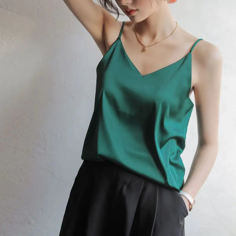 Women Halter V Neck Basic White Cami Spaghetti Strap Top Sleeveless Satin Silk 2026 Tank Tops Women'S Summer Camisole