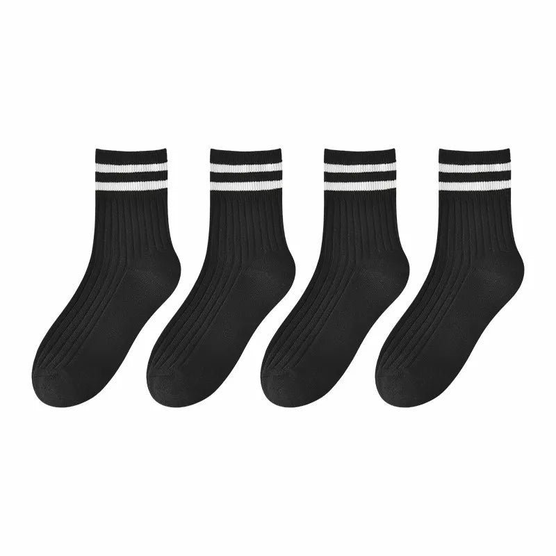 Kids Boys Girls Cotton Socks - Seamless Double Needle Ribbed 2-Stripe, Teens Students All Season School Home Sports Socks