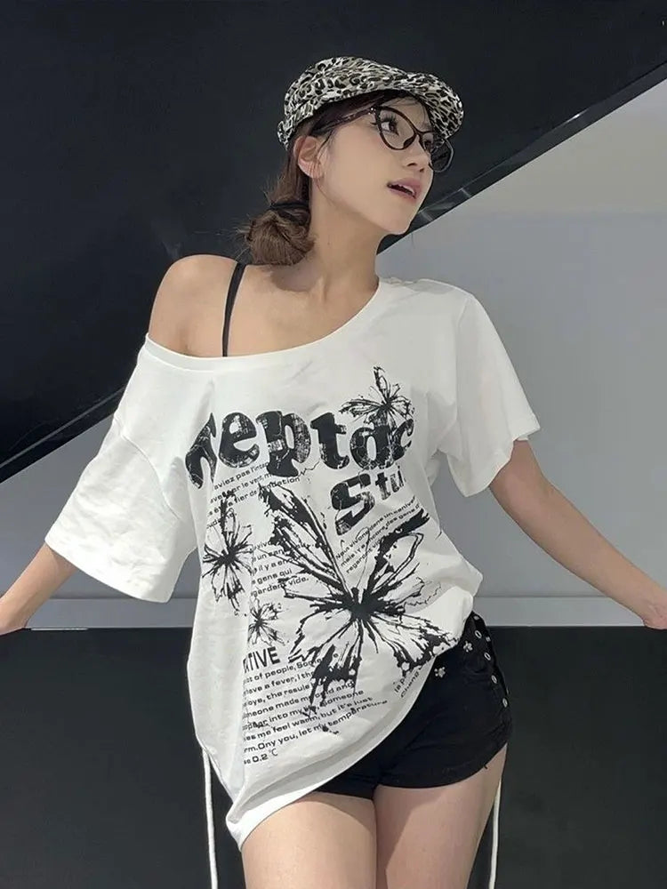 White 100% Cotton Y2k Vintage Oversize Off shoulder Short sleeve T shirt With Print Women Casual Summer Top Butterfly Tees