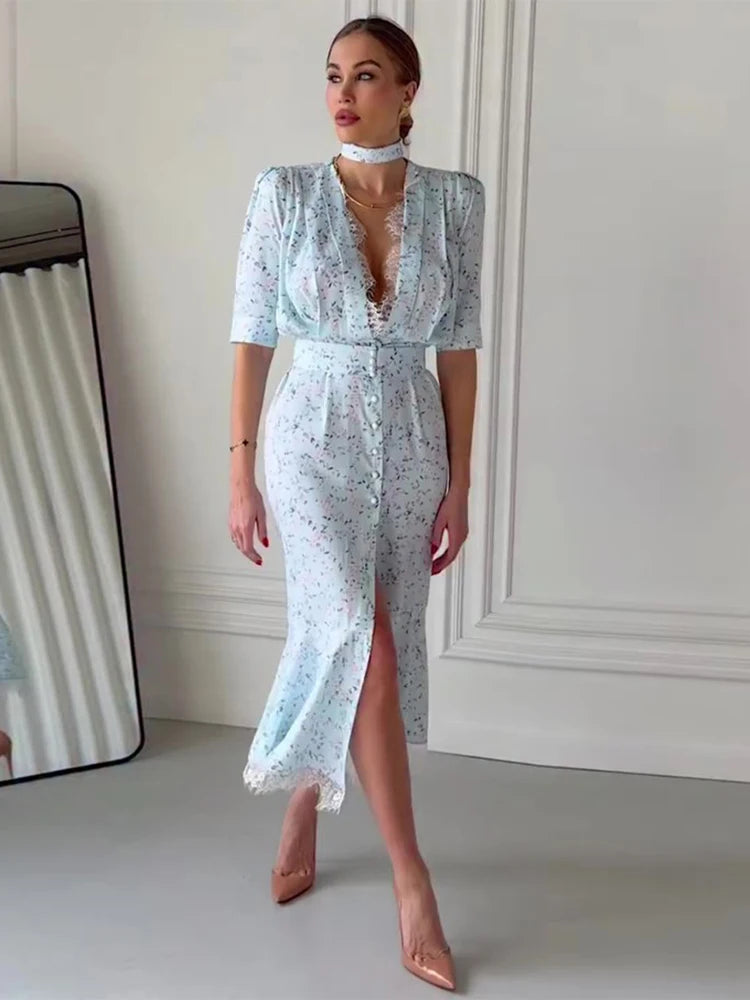 Organza Floral Printed Maxi Dress V-neck Puff Sleeve 2026 Spring/summer Romantic Women Party Gown Fashion Elegant Lady Vestido