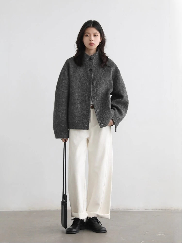 CHIC VEN Women Short Woolen Coat New Stand Up Twill Texture Single Breasted Ladies Jacket Retro Woman Outwear Autumn Winter 2025